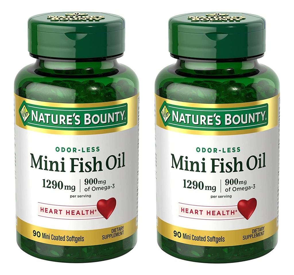Nature 's Bounty Mini Fish Oil Softgels 1290 mg, Omega-3, Supports Heart Health, Odor- Mniej, 90 Mini Coated Softgels - Opakowanie 2