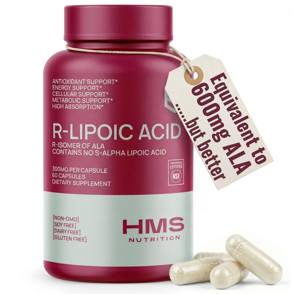 Stabilizowany kwas R- lipoinowy 300mg na Podawanie, R Alpha Kwas lipoinowy Suplement ALA Przeciwutleniacz do Nerve, Energia i Wsparcie Metabolizm, NSF Certyfikowane Suplementy, Non-GMO & Wegan, 60 Kapsułki, 2 Dostawa Miesiąc