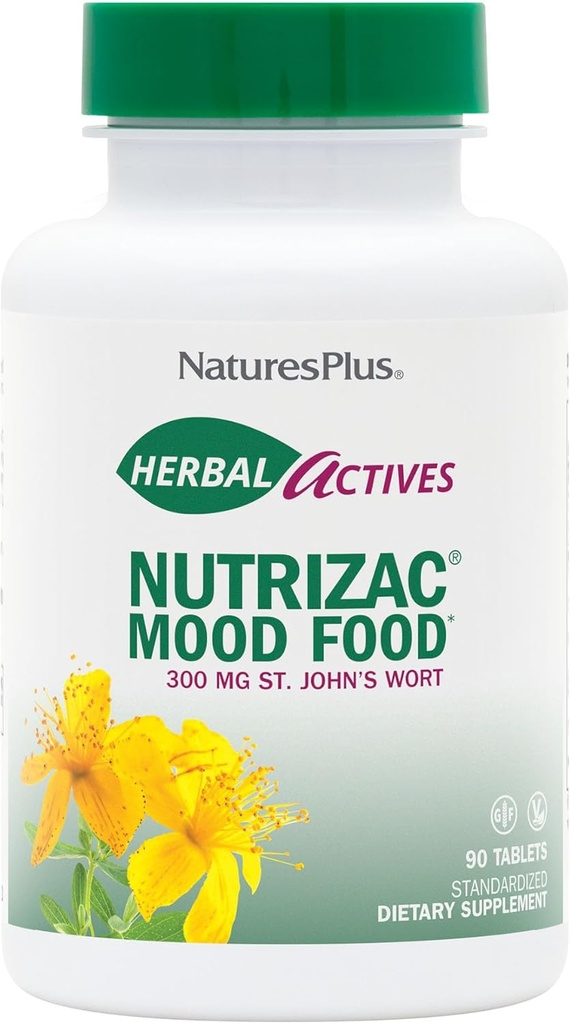 Nature Plus Herbal Actives Nutric ZAC Mood Food - 300 mg St Johns Wort, 90 Vegan Bi- warstwowe tabletki - Maksymalny potencjał naturalny Mood Booster - wegetarianin, Gluten- Free - 90 Servings