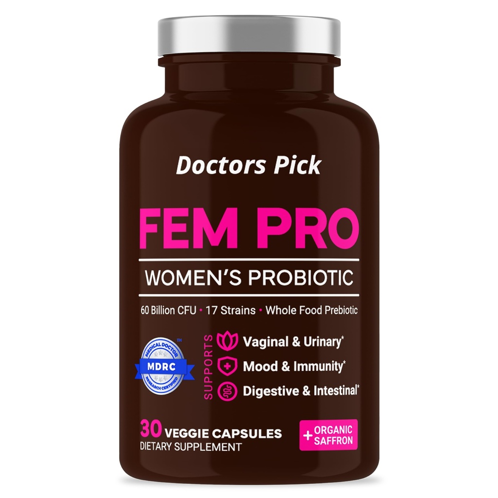 Fem Pro Probiotyki dla Kobiet. 17 Klinicznie skuteczne cieśniny dla Vaginal, Digestive & Immune Support, Urynary Tract Health, pH Balance i Mood. Organiczny Prebiotyk, 30 Kapsułek wegetariańskich