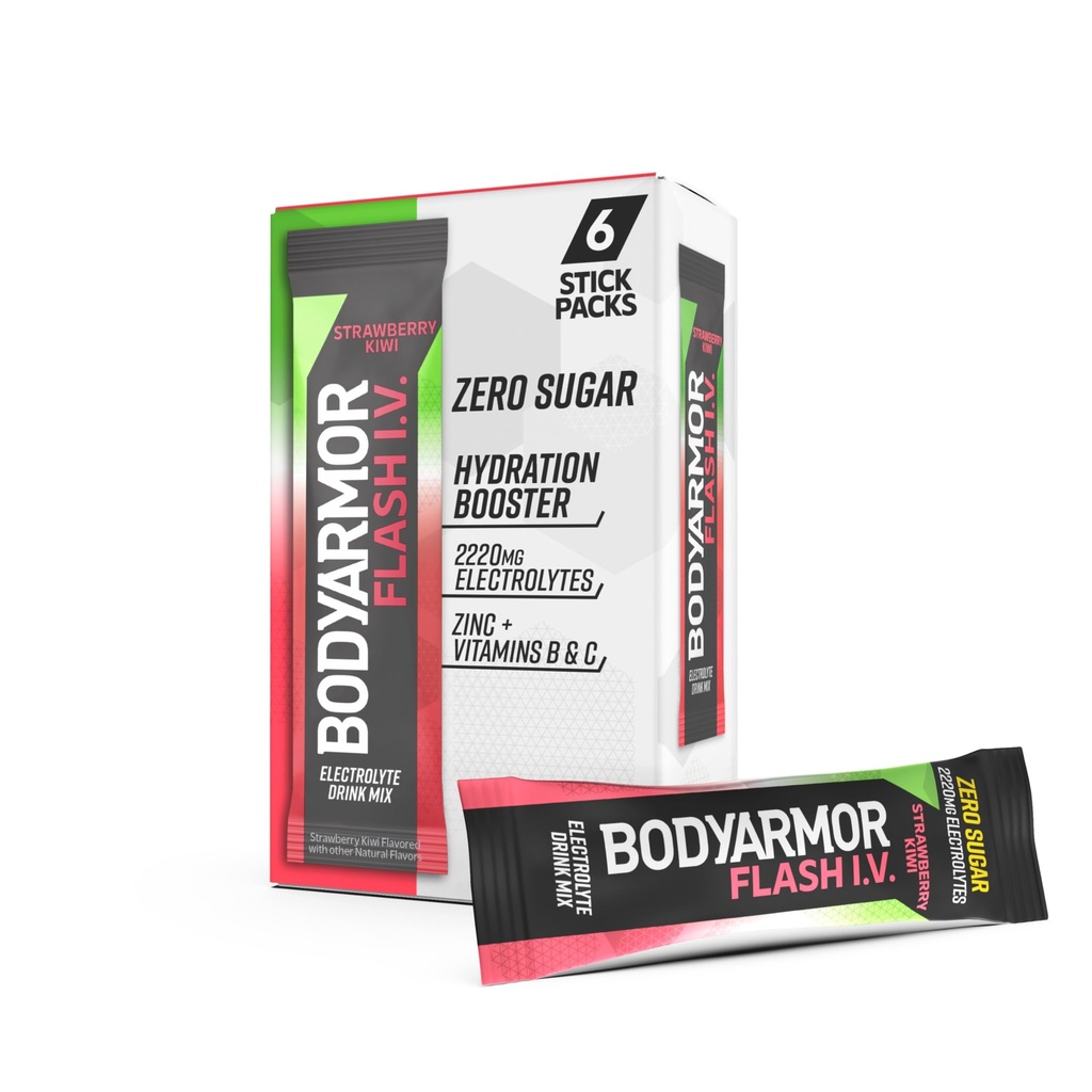 BODYARMOR Flash IV Pakiety elektrolitów, Truskawka Kiwi - Zero Sugar Drink Mix, Pojedynczy Serw Pakiety, Proszek kokosowy wody (6 Count)