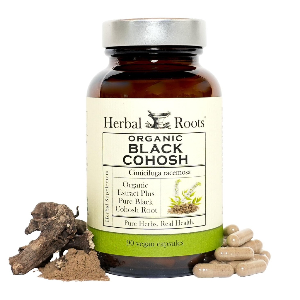 Ziołowe Korzenie Organic Black Cohosh Korzeń 124; Dodatkowa siła 124; Menopauza i Menstrualne wsparcie dla kobiet 124; 90 Kapsułki, Wegan