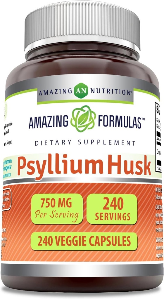 Amazing Psyllium Husk 750mg Veggie Capsules Supplement Equipment 124; Non-GMO Equipment 124; Gluten Free Equipment 124; Made in USA Equipment 124; Nadaje się dla wegetarian (240 Count)