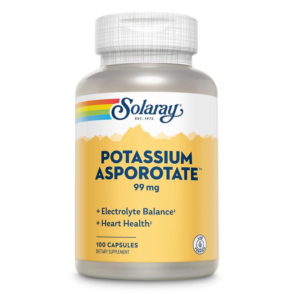 Solaray Potasu Asporotat Suplement chelatowany, Elektrolity Balance & Heart Health Support, 100 Służenia, 100 Kapsułki