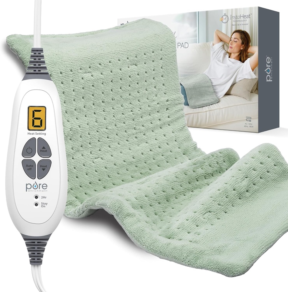 Pure Enrichment PureRelief XL Ogrzewanie Pad - 12 "x 24" Electric Heat Pad for Back Pain & Cramps, 6 Heat Settings, FSA / HSA Kwalifikowalne, Miękkie Machine Wash Fabric, Auto- Off & Moist Heat (Zen Green)