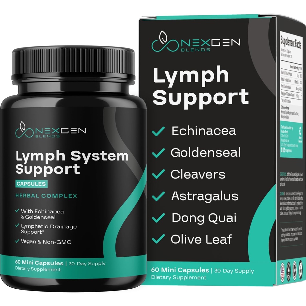 Herbal Lymph System Support Supplement - zespół wsparcia limfatycznego z Echinacea Goldenseal Astragalus & Hydroxytyrosol do odwadniania limfatycznego i wsparcia immunologicznego - Vegan Non-GMO Gluten Free (1 miesiąc)
