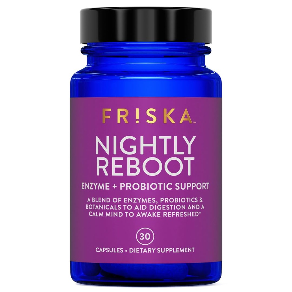 FRISKA Nightly Reboot Enzym i suplement probiotyki, Promotes Better Trawienie i sen, Wspiera Gut Zdrowie dla mężczyzn i kobiet, Melatonina, Rumianek, 30 Kapsułki
