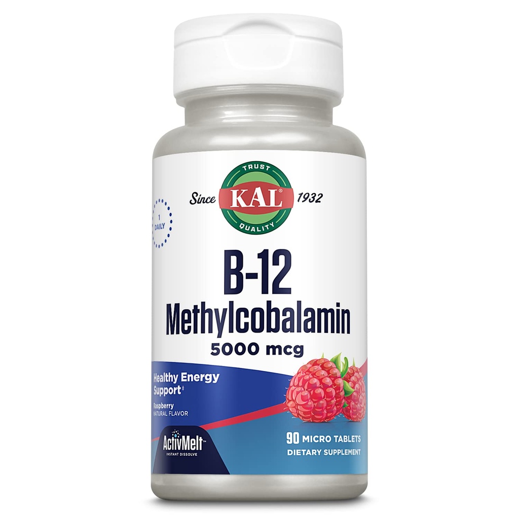 KAL Witamina B12 Metylokobalamina 5000mcg, Zdrowa Energia, Metabolizm, Nerwy i Czerwonej Krwinki Wsparcie, * Szybkie rozpuszczenie ActivMelts, Optymalne wchłanianie, Naturalny aromat malinowy, 90 Służenie, 90 Micro Tabs