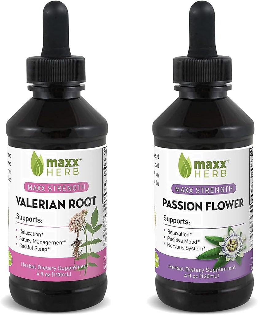Better Sleep Bundle - Maxx Herb Passion Flower Extract + Valerian Root Extract - for Relaxation and Stress Management, Alcohol- Free - (1 Each) 4 Oz Bottle (60 Servings)