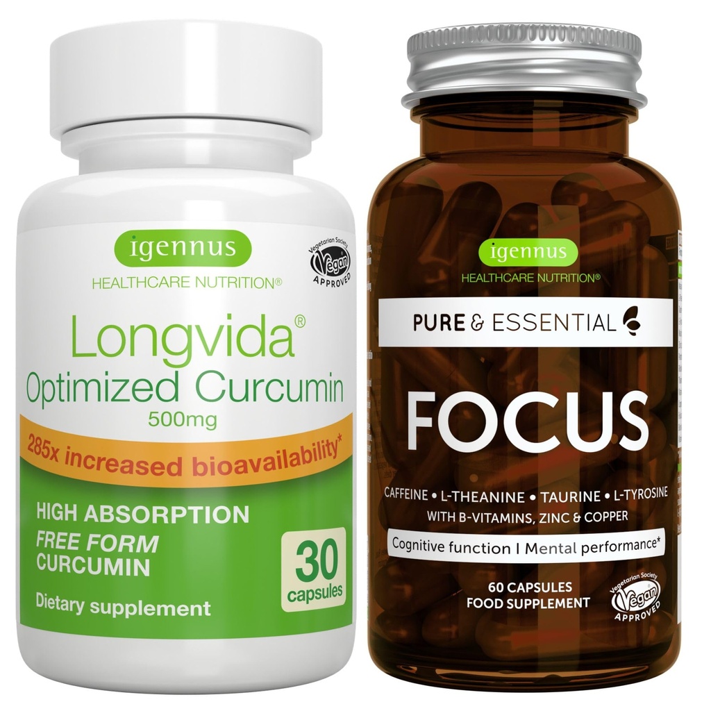 Longvida Lipidowana kurkumina 500mg + Focus Brain Booster Vegan Bundle, Ultra Biodostępna kurkumina + kofeina, L- Theanina, Tauryna & L- Tyrozyna, B- Witaminy, Cynk & Miedź, przez Igennus