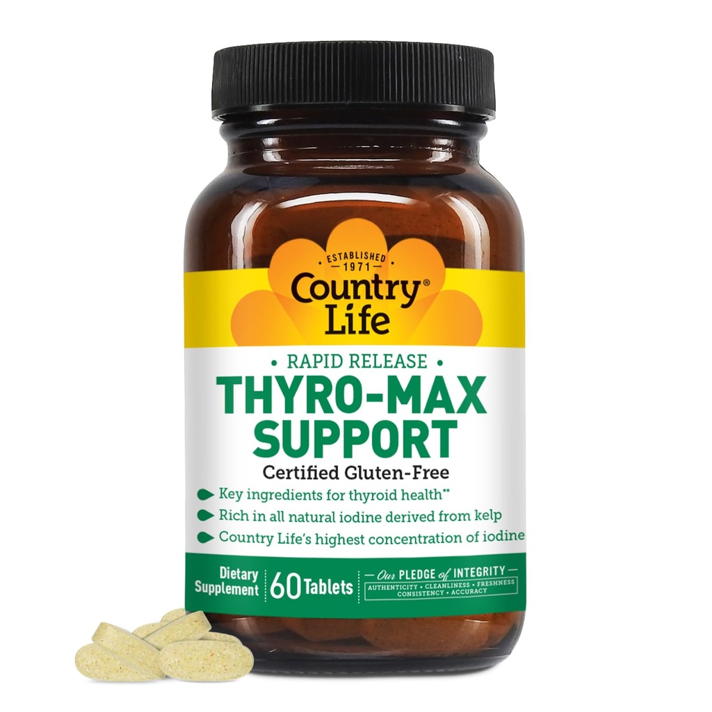 Country Life Thyro- Max Wsparcie - Kelp- derived jod & L- Tyrozyna Suplement tarczycy dla mężczyzn i kobiet - B Witaminy, Gluten- Free, Wegan, Kosher - 60 Kapsułki