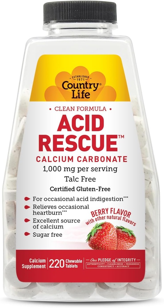 Country Life Acid Rescue Chewable Tablets - Certified Vegan & gluten- Free Heartburn Relief, 400mg Wapń & Magnez, Non-GMO, Sugar- Free Mint Flavor, Wspiera Bone Health, 220 Count