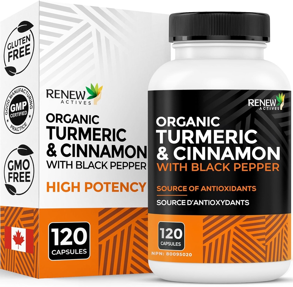 Renew Actives Organic Turmeric 474MG & Cynamon 50MG na 2 Kapsułki - z Curcumin & BioPerine do wchłaniania - Wspiera Metabolizm, Joint Health & Trawienie - Made in Canada - 120 Kapsułki