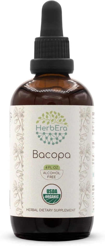 HerbEra Bacopa B120 USDA Organiczne nalewki 124; Ekstrakt wolny od alkoholu, Wysokiej mocy zioła krople, Relaksacja, Pozytywny efekt kognitywny 124; Certified Organic Bacopa (Bacopa Monnieri) Suszony Herb 4 OZ