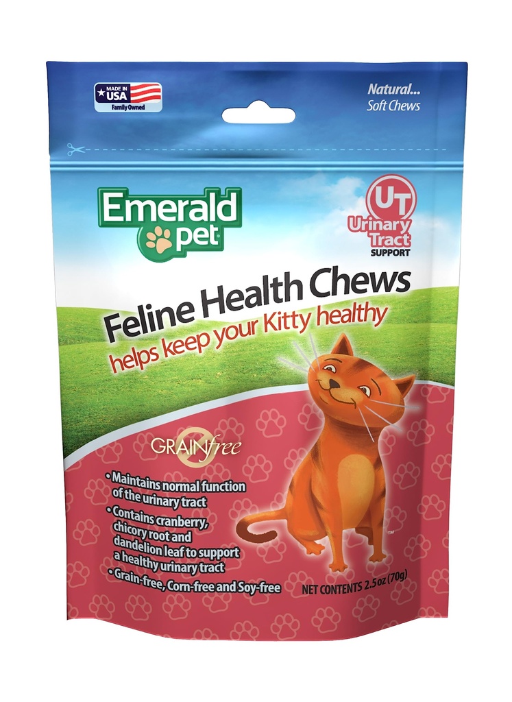 Emerald Pet Feline Health Chews UT Support - Natural Grain Free Tract Health Cat Chews - Cat Urynary Supplements with Cranberry, Chicory Root, and Dandelion Leaf Extract - Made in USA, 2.5 oz
