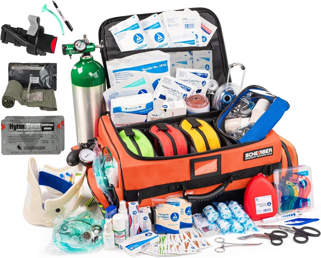 Scherber Fully- Stocked Premium Pierwsza odpowiedź Bag 124; HSA / FSA Zatwierdzone 124; Duży Pro EMT / EMS Uraz, Krwawienie i Oxygen Medical Kit 124; Tourniquet CAT, HyFin Chest Seal & 260 + Pierwsze dostawy pomocy (Orange)