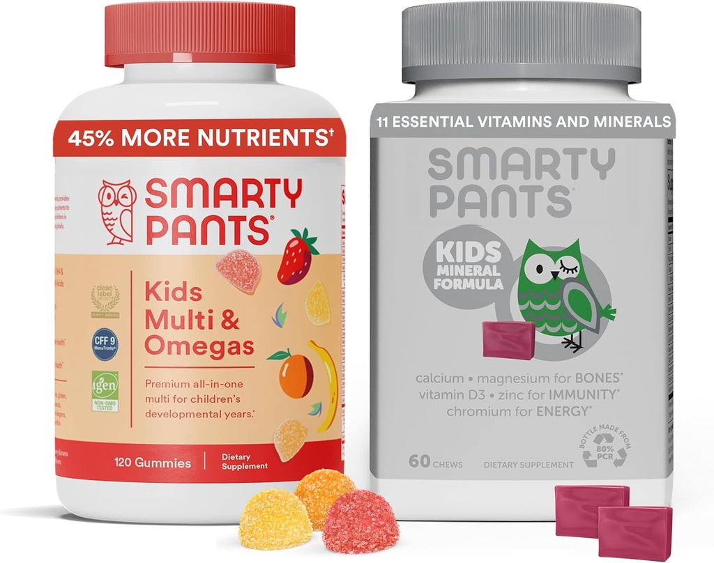 SmartPants Kids Multivitamin Gummies & Kids Mineral Chews: Multivitamin z Omega 3 Fish Oil (EPA / DHA) i Multimineral z Magnezu Citrate & Wapń, 30 Day Supply Each