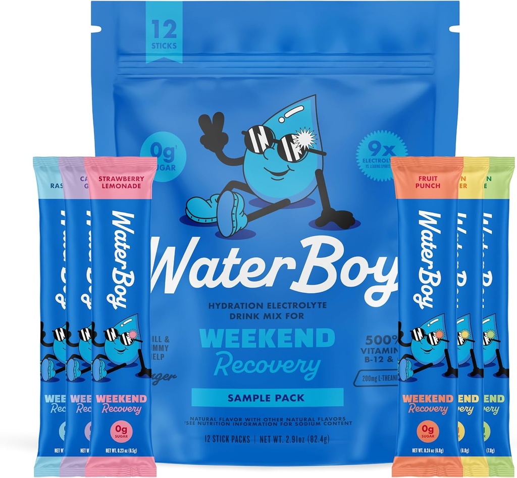 Waterboy Weekend Recovery Próbka Pack 124; 3,200mg Electrolyte w proszku Pakiety 124; Ginger + L- Theanine + Witaminy 124; No Sugar, All Natural, Gluten Free 124; 12 Drink Stick Mixes (Sample Pack)