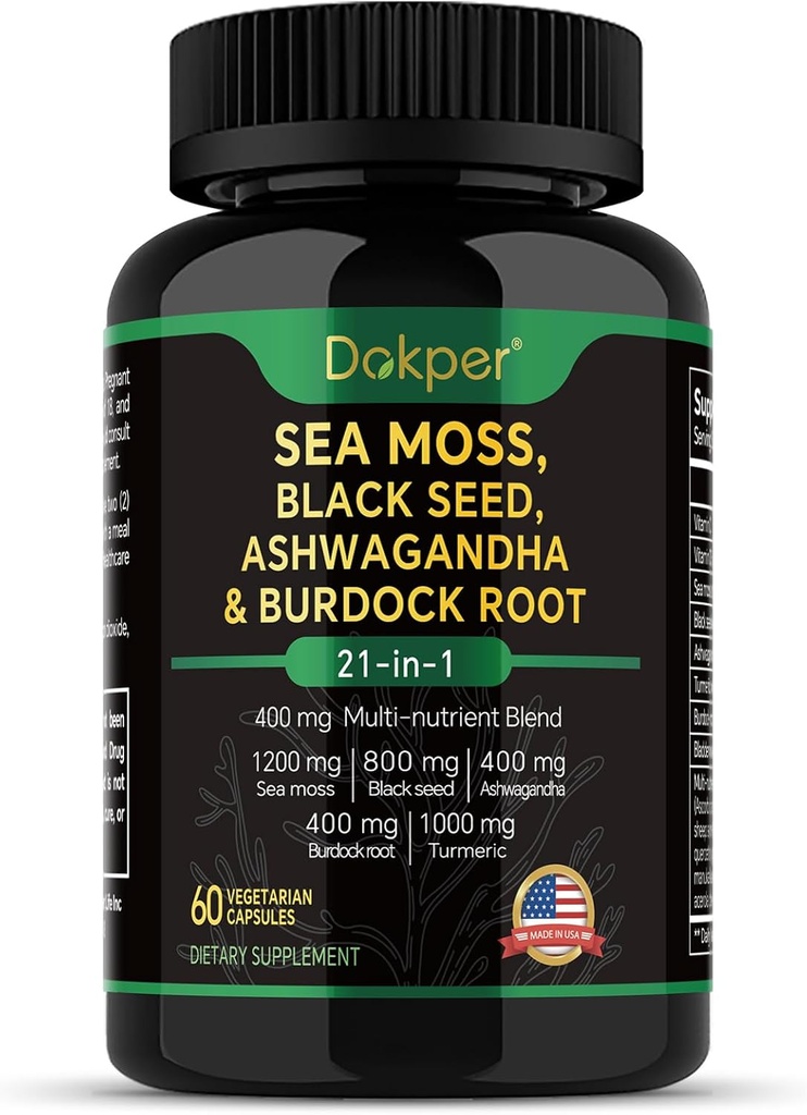 Sea Moss, Ashwagandha, Black Seed Oil Supplement, Witamina C & D3 z Turmeric, Bladderwrack & Burdock Root, Naturalne wsparcie ziołowe dla mężczyzn i kobiet 60 Kapsułki, Suplementy dietetyczne, Opakowanie z 1