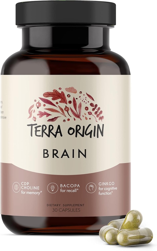 Terra Pochodzenie, Zdrowy suplement mózgu, Kapsułki, 30 Służenia, z CDP Cholina, Ginkgo Biloba Extract i Bacopa - dla zdrowego umysłu, Poprawia pamięć, Odzyskiwanie i Funkcje