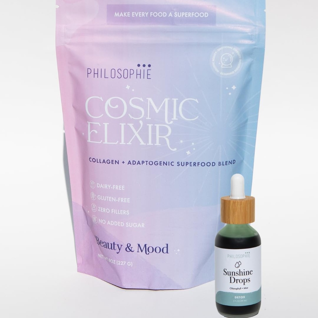 Filozofia Sunshine Drops & Kosmiczny Eliksir Bundle - Płynny Chlorofil & Superfood Proszek Mieszanka - Wszystkie naturalne Plant- Based 2pack