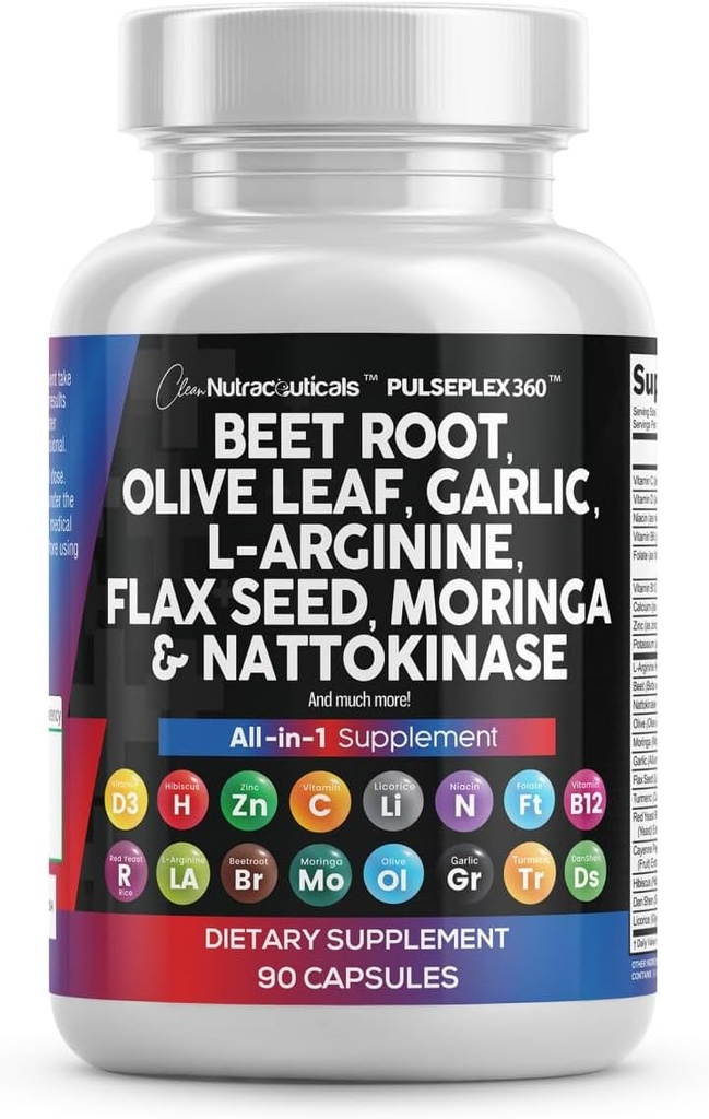 Czysty Nutraceuticals Beet Capsules Olive Leaf Nattokinase Garlic Extract L- Arginine Omega 3 Red Yeast Rice Hibiscus Danshen - Zdrowy suplement wsparcia - 90 Ct