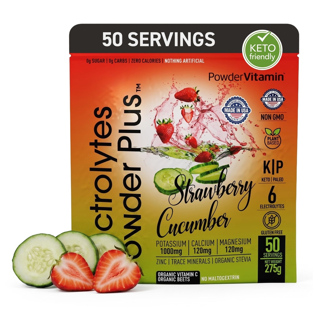 Electrolytes Powder Plus (50 Servings), 0 Calorie Keto, 0 Sugar, No Maltodekstryna, 1000mg potasu, 120mg wapnia, 120mg magnezu, proszek nawadniający (50 Servings, Truskawkowy Cucumber)