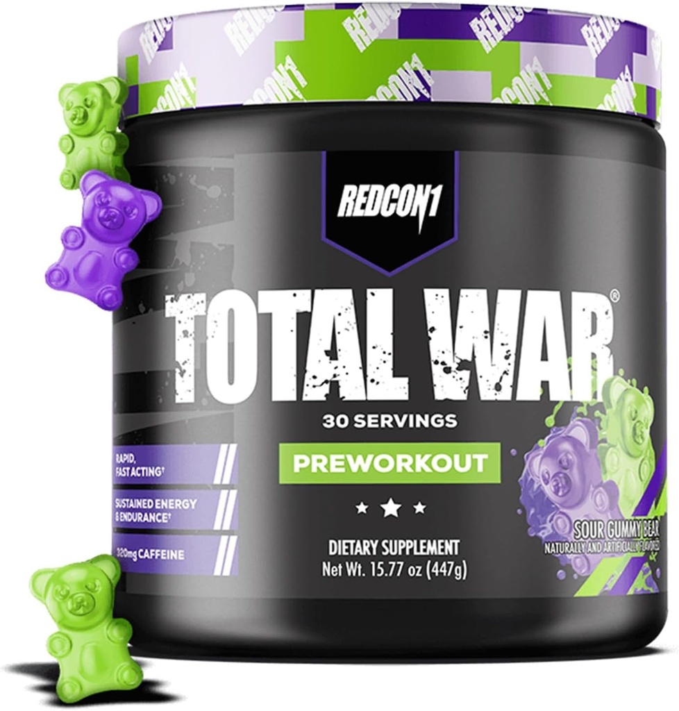 REDCON1 Total War pre Workout, Sour Gummy Bear - Zawiera 320mg kofeiny z zielonej herbaty, Juniper & Beta Alanine - Pre Work Out z Amino Acids do zwiększenia pompy, Energia + Wytrzymałość (30 Sług)