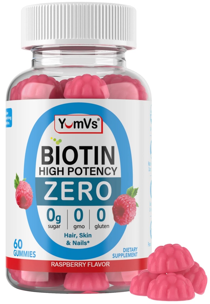 Biotin Gummies Sugar Free - 5000 µg Wysoka potencja Biotin do włosów, skóry i paznokci - Zero cukru, Non-GMO, Gluten Free, Wegańskie Malina Gummies - 60 Hr