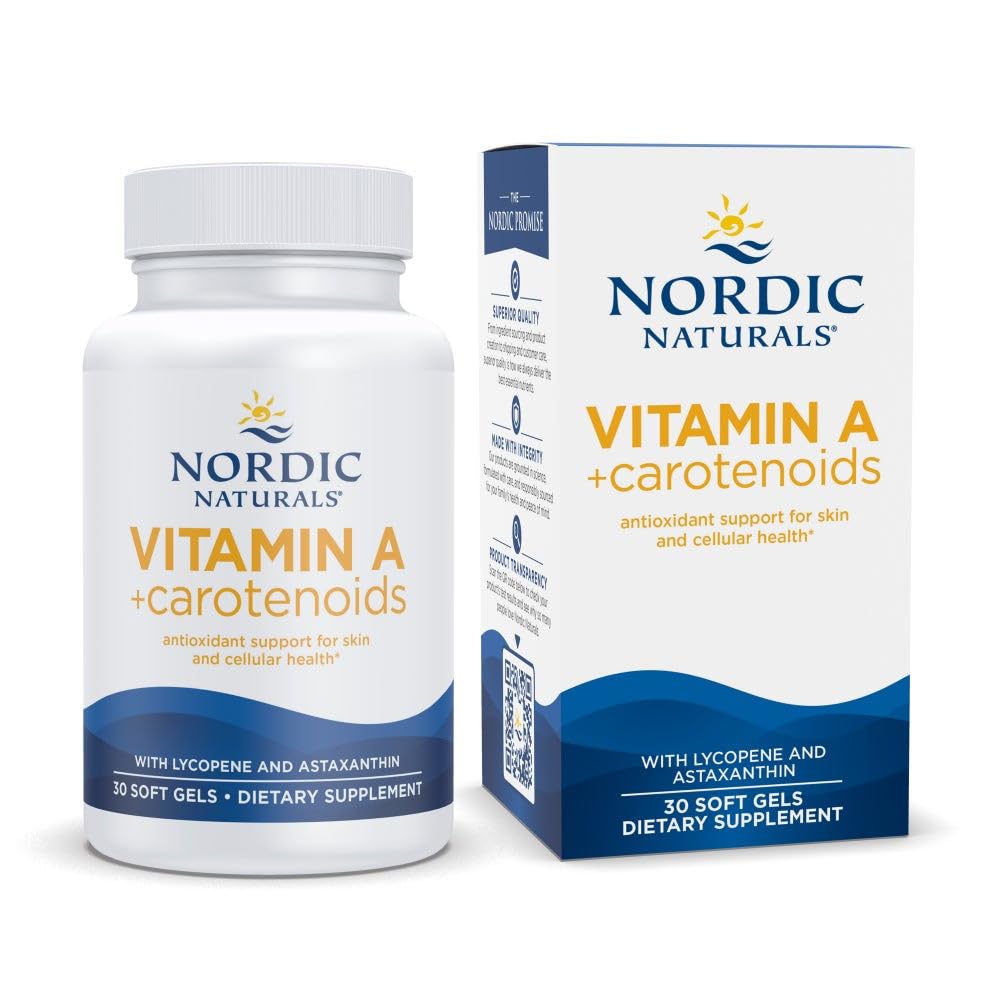 Nordic Naturals Witamina A + Karotenoidy, Unflavored - 30 żele miękkie - Likopen i astaksantyna - Wspiera skórę, Zdrowie komórkowe - Nie-GMO - 30 Służenie