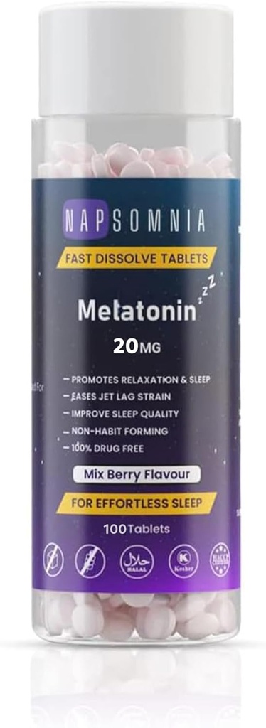 Melatonina Szybko rozpuszczalne tabletki - Mix Berry Chewable Melatonin Tablets - Non-Habit- Forming Melatonin Sen Pomoc dla dorosłych - Bez cukru Melatonina Tabletki do niespokojnego snu 124; 20 MG (100)