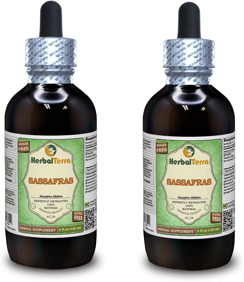 Organiczny ekstrakt płynny Sassafras (Sassafras Albidum), suszony liść alkoholu (nazwa marki: HerbalTerra, Proudly Made in USA) 2x4 fl.oz (2x120 ml)