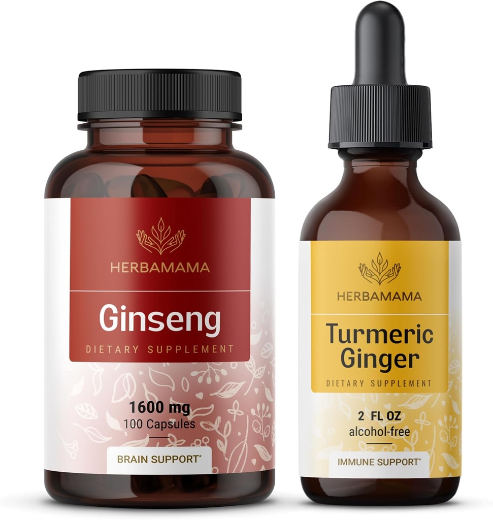 HERBAMAMA Koreański Czerwony Ginseng i Turmerowy Ginger Kit - Zestaw koreańskiego Panax Ginseng Kapsułki i Turmeric Ginger Liquid Drops - Wegan, Non-GMO, Cukier i Alkohol - 2 Pack