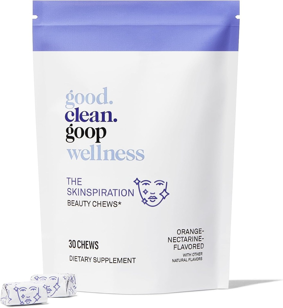 Good .clean.goop Wellness Skinspiration Beauty Chews 124; Suplement diety dla świecącej skóry 124; Witamina E & Niacyna 124; Pomarańczowy nektaryna zapachowy 124; Wzmocnienie pielęgnacji skóry Rutynowe 124; Opakowanie z 30 żuć 124; Wegan