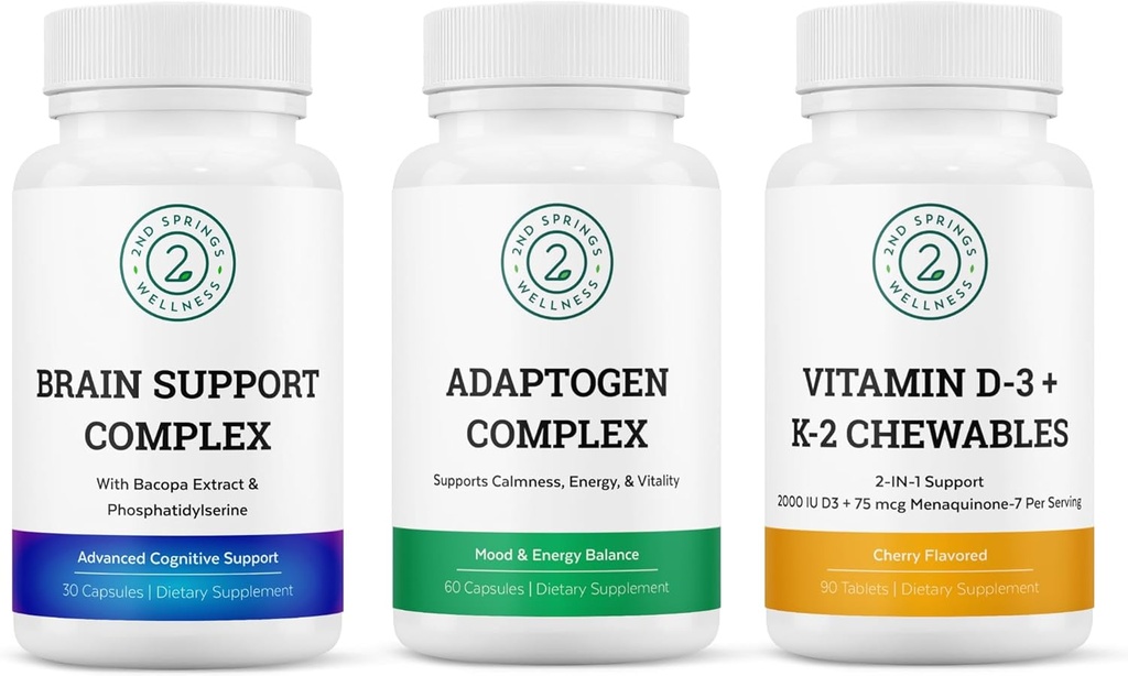 Vitality & Mind Wellness Trio Bundle - Kompleks Wsparcia Mózgu, Kompleks Adaptogen i Witamina D3 + K2