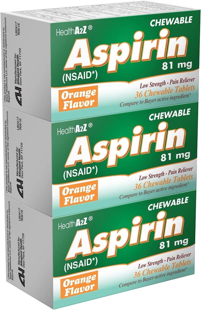 HealthA2Z ® Aspiryna 81mg Aspiryna 124mg; Niska moc Tabletki do rozgryzania i żucia 124; Ulga bólowa i gorączka Reduktor 124; Flar pomarańczowy 124; Redukcja drobnych achów, Ból głowy i ból mięśni 124; 36 Liczba (Opakowanie po 3)