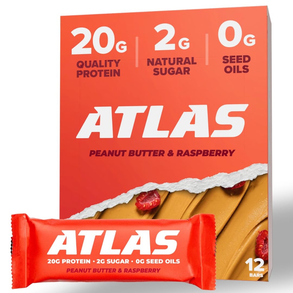 Atlas Protein Bar, 20 g Białko, 1 g Cukier, Czyste składniki, Gluten wolny (Masło orzechowe Masło Malina, 12 Hrabia (Opakowanie 1))
