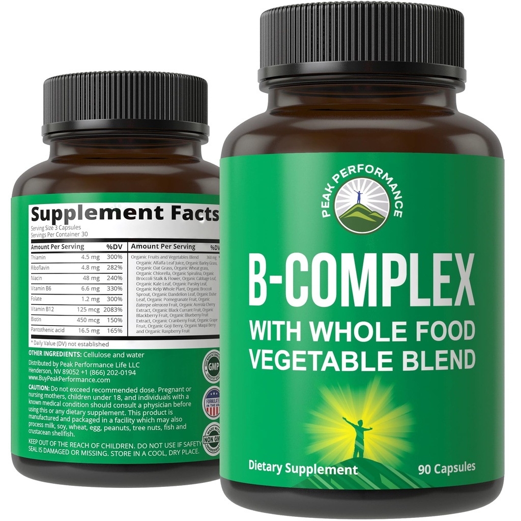 Witamina B Complex kapsułki + Whole Food Mieszanka 25 Warzywa i owoce dla Max Wchłanianie. Najlepszy Vegan B- Complex Suplement z witaminą B1, B2, B3, B5, B6, B7, B9 i B12. 90 Kapsułki. Zwiększenie energii