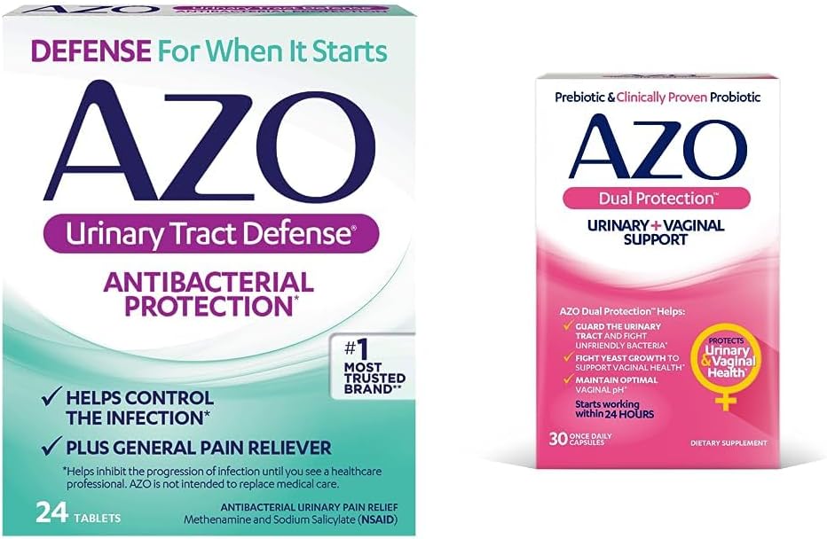 AZO Urynary Tract Defense Antibakteryjny Ochrona, Pomaga kontrolować UTI dopóki nie można zobaczyć Doctor 24 Count + Dual Protection, Urinical + Vaginal Support *, Prebiotic Plus Probiotic, 30 Count