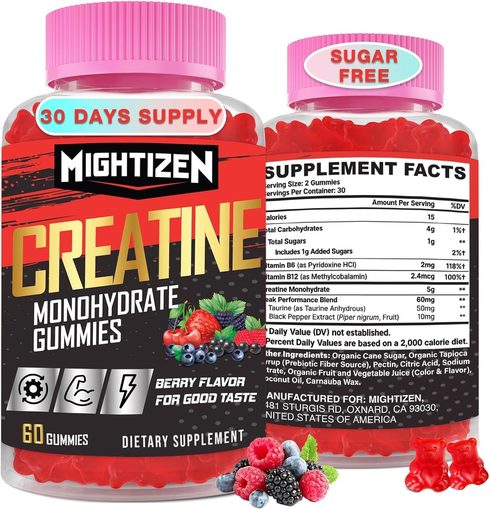 Jednowodzian Gummie dla mężczyzn i kobiet, Kreatyna dla kobiet Żniwiarzy Monowodzian z Tauryną i Witaminą B12, Gummeje dla Max Siła, Energia i wytrzymałość, Berry 60 Liczby