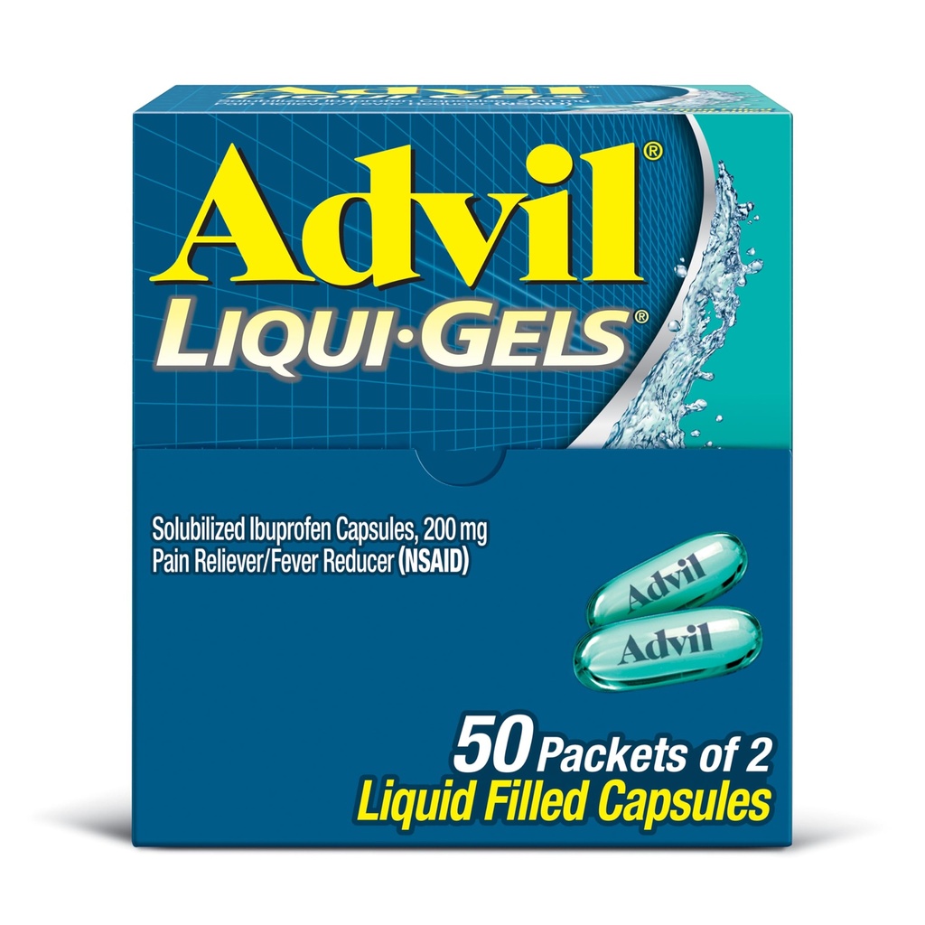 Advil Liqui- Gels Reliever Pain and Fever Reducer, Pain Medicine dla dorosłych z Ibuprofen 200mg dla bólu głowy, bólu pleców, bólu menstruacyjnego i bólu stawów Relief - 50x2 Kapsułki napełnione płynem