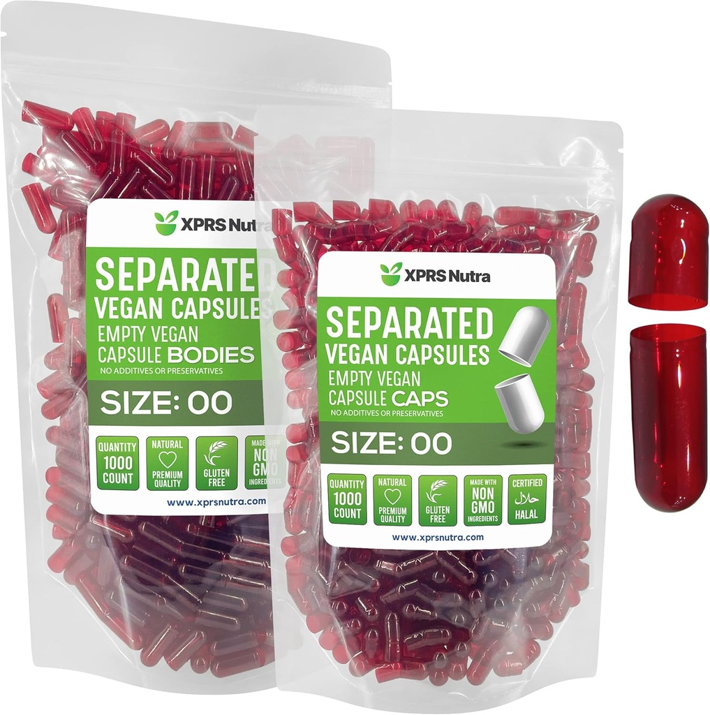 XPRS Nutra Vegan Rozmiar 00 Kapsułki oddzielone - 1000 Liczba Premium Kapsułki puste Separowane w Torbach - 00 Pigułki Puste do napełniania suplementu DIY (Czysty czerwony)