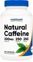 Nutricost Naturalna kofeina 200mg, 250 Kapsułki wegetariańskie - Gluten Free, Non-GMO