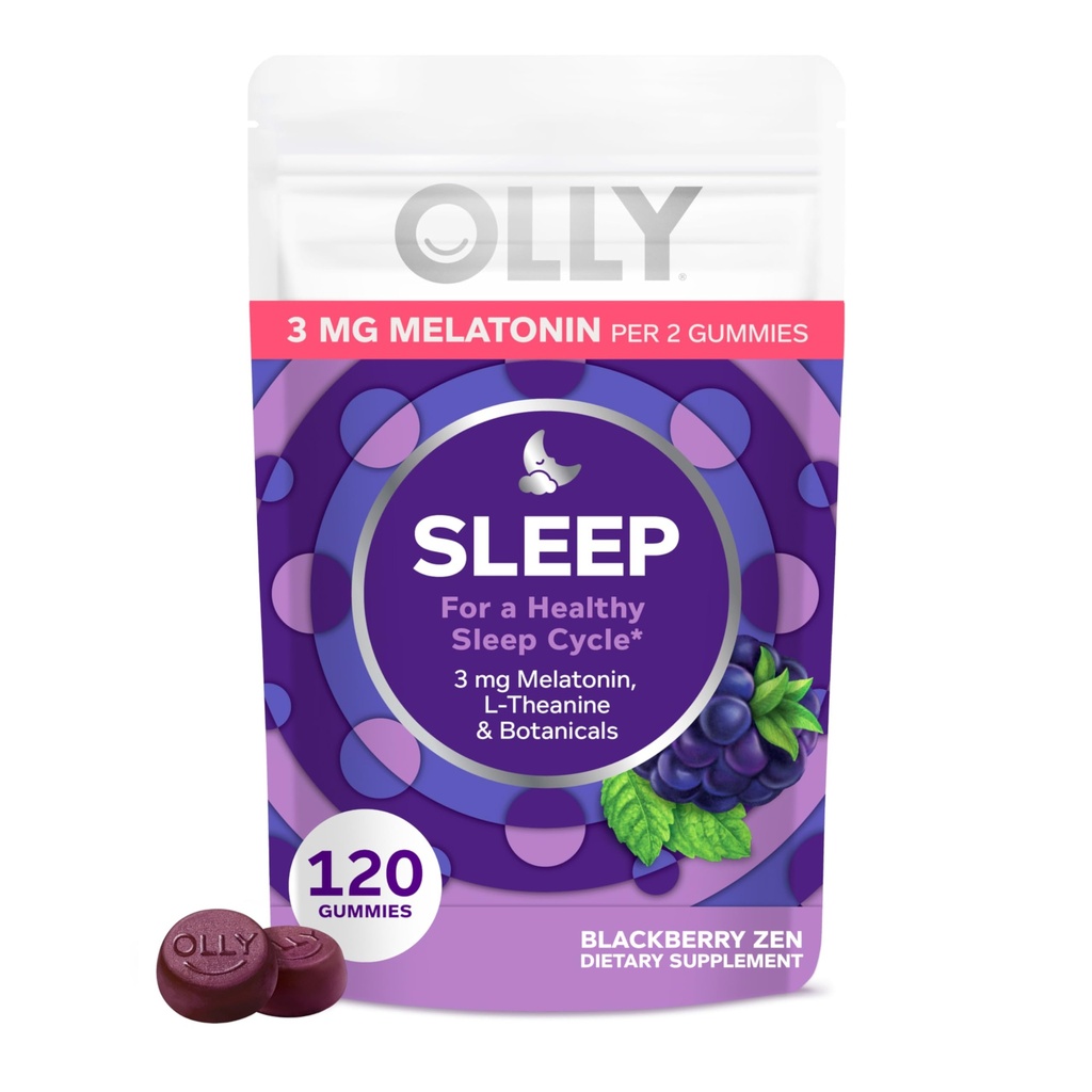 Olly Sleep Gummy, 3 mg Melatonina, L- Theanina, Rumianek i ekstrakty balsam cytrynowy, BlackBerry Flavor, 60 Day Supply - 120 Count