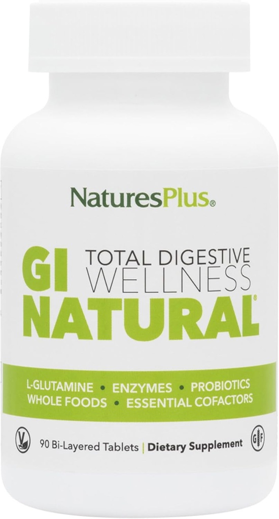 Nature Plus GI Natural Total Digestive Wellness - 90 Bi- Warstwowe tabletki, Opakowanie 2 - z L- glutaminy, Probiotyki, Prebiotyki i Enzymy - Gluten Free - 60 Razem Sługi