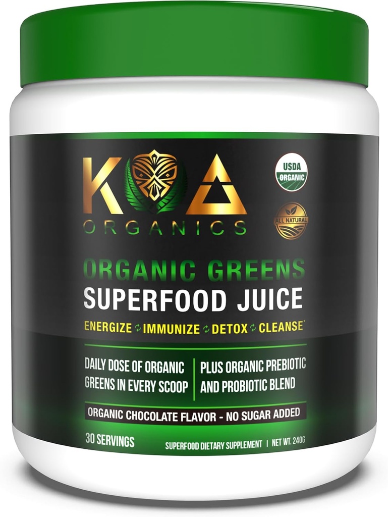 Zieloni Superfood Sok Proszek - USDA Organic Super Zielone Proszek z Spirulina, Chlorella, Matcha, Trawa pszenna, Enzymy i Probiotyki - Czekoladowy Flavor -30 Serv