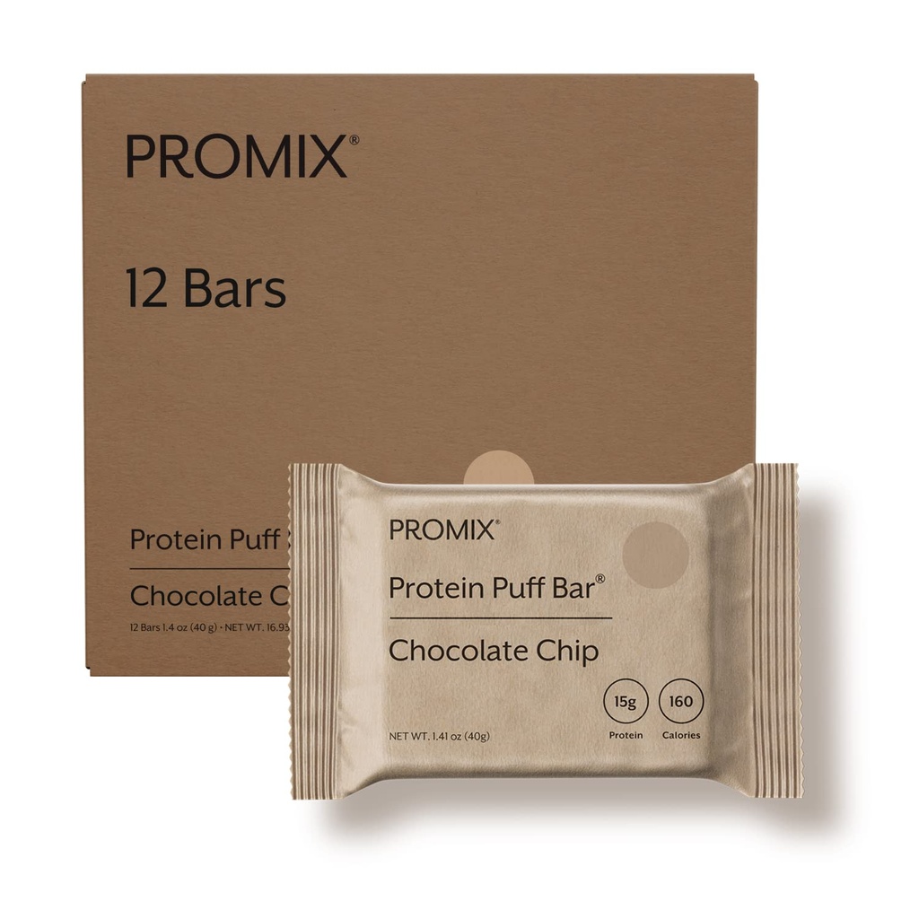 ProMix Nutrition Protein Puff Bars, 12- Pack - Chocolate Chip - Marshmallow Crispy Treat - Great Tasting & Healthy On The Go Snack - Wysokie białko & niskie Calorie - Non-GMO & Free From Gluten, Soy, & Corn