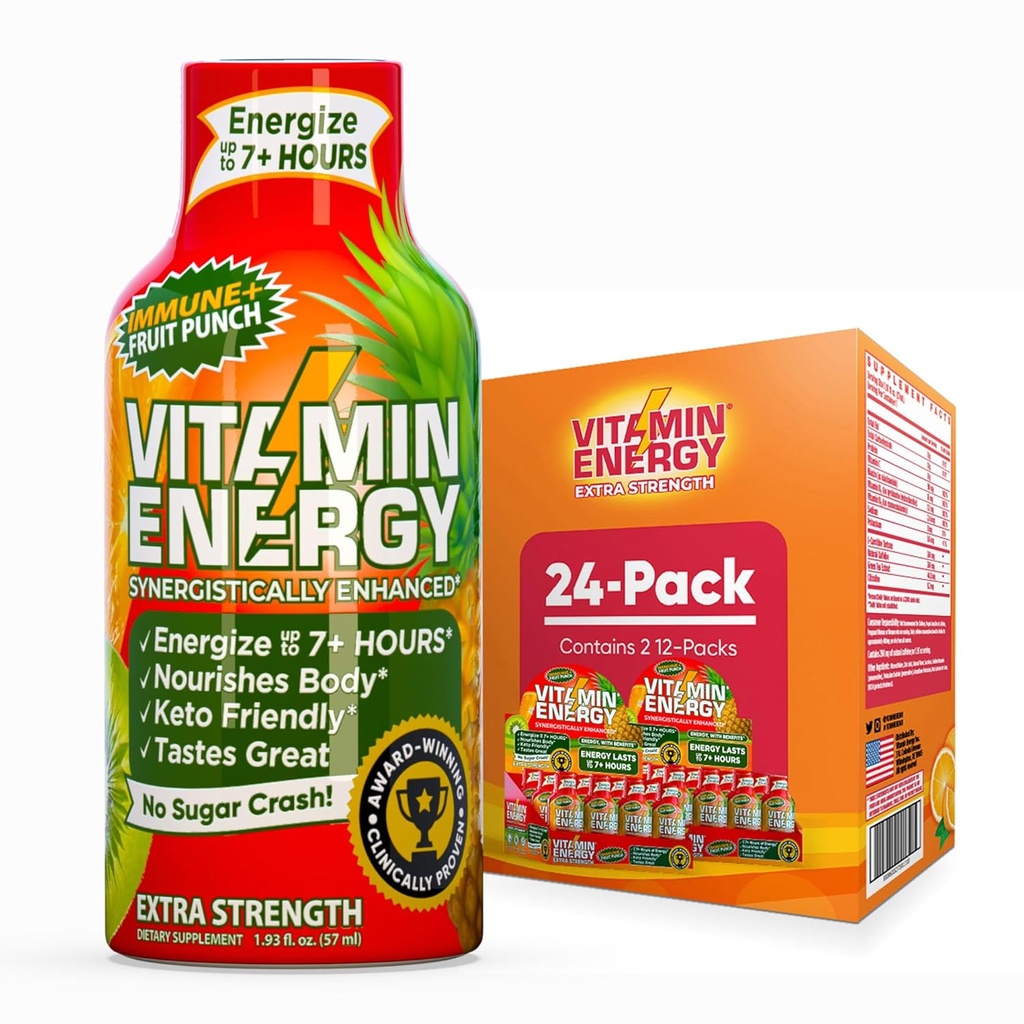 Witamina Energia Immune + Dodatkowa Siła Energy Shot Fruit Punch 24 Pack, 260mg Naturalna kofeina, B- Witaminy, Citicoline, Zielona herbata, Immunitet i Focus Support, Zero cukru, Gluten- Free 1.93 fl oz