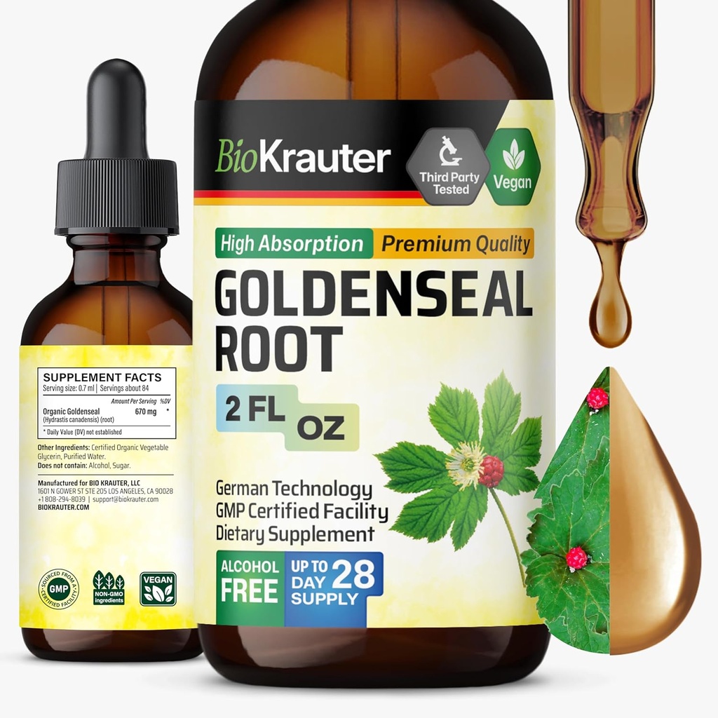 BIO KRAUTER Goldenseal Root Extract Liquid - Wegańskie wsparcie oddechowe - Golden Seal Drops - Alcohol & Sugar Free - 2 Fl.Oz.