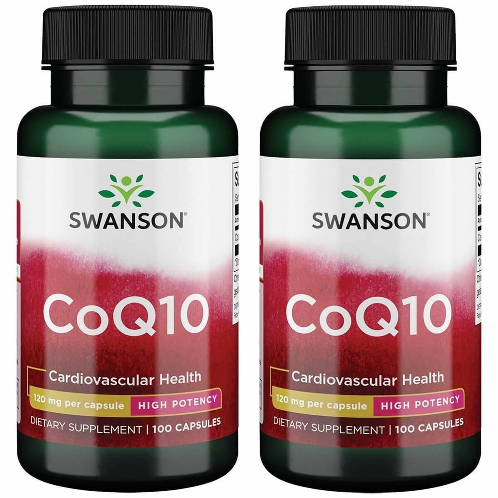 Swanson CoQ10 - Pomaga promować zdrowie serca, wsparcie energetyczne, i pomaga w ogólnym systemie sercowo- naczyniowym - Pomaga utrzymać koenzym Q10 Suplement - (100 kapsułek, 120mg każdy) (2 opakowania)